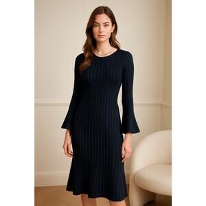 NWT Taylor Knit Sweater Dress Ruffle Chic Women’s Small Black Striped Stretch